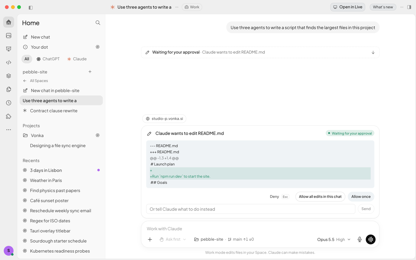 Claude Code asking for approval before editing README.md, with Deny, Allow all edits in this chat and Allow once buttons