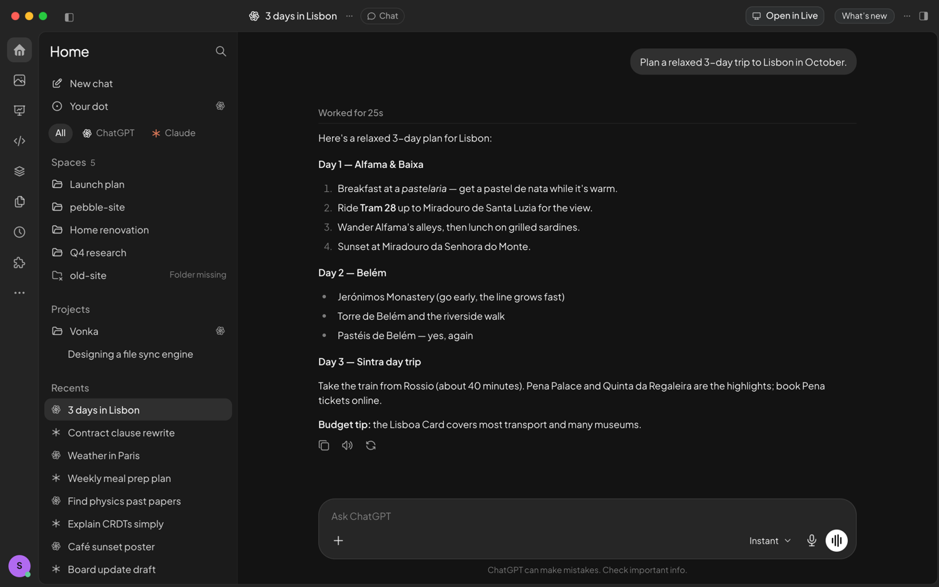 The Vonka app on a Mac showing a ChatGPT conversation that plans three days in Lisbon, with Spaces, projects and recent ChatGPT and Claude chats in the sidebar