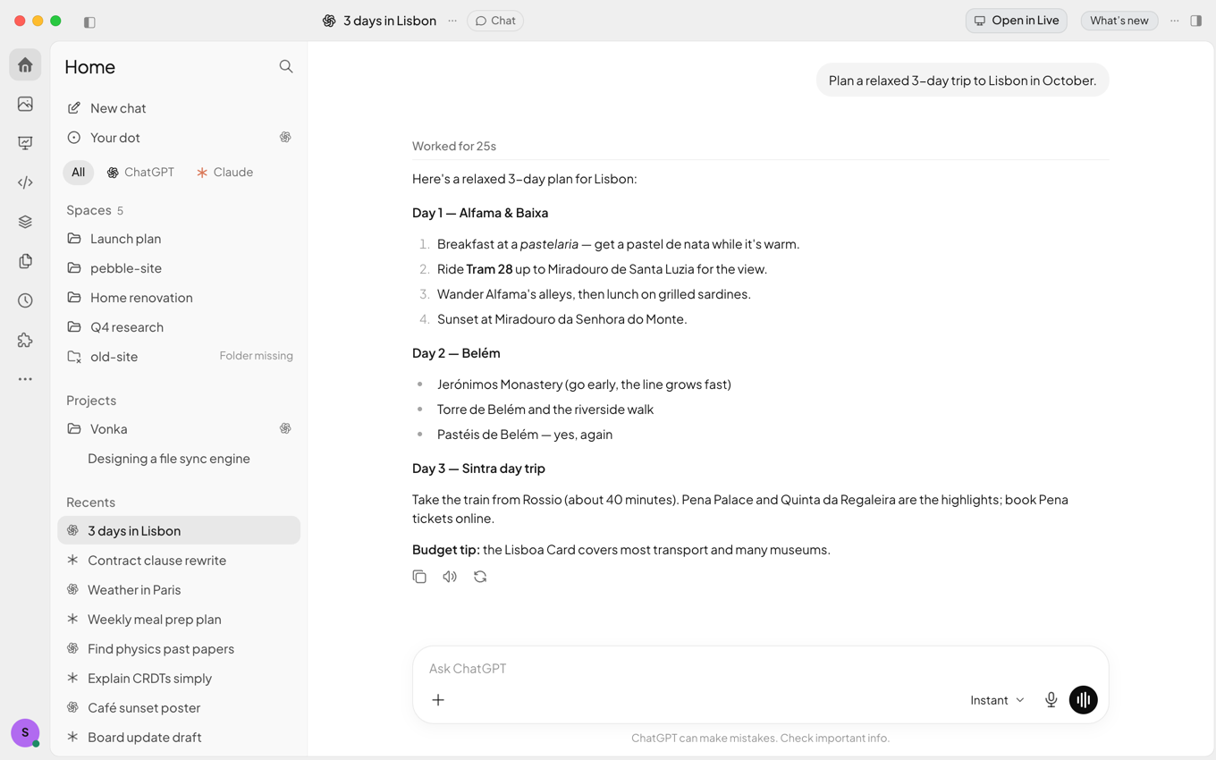 The Vonka app on a Mac showing a ChatGPT conversation that plans three days in Lisbon, with Spaces, projects and recent ChatGPT and Claude chats in the sidebar