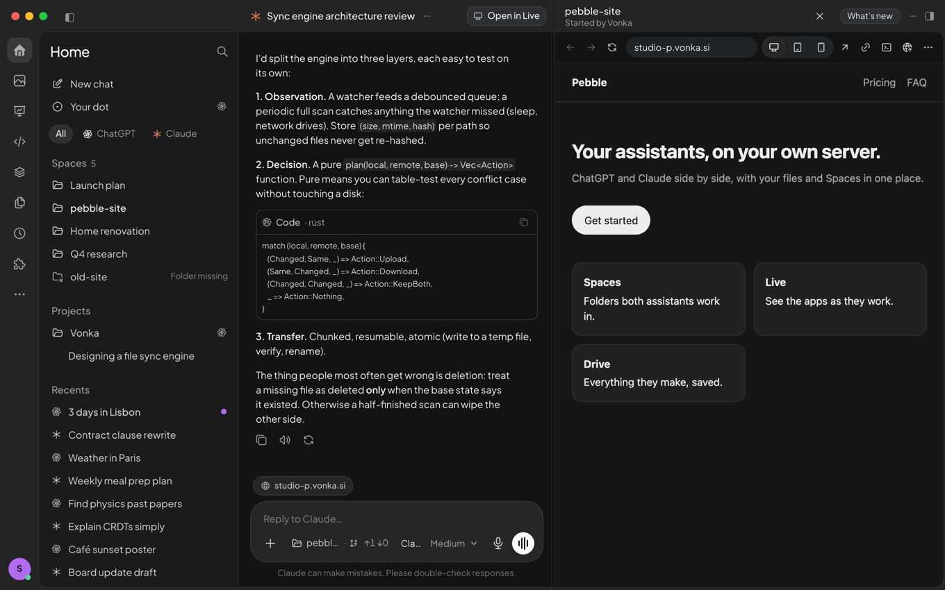A Claude conversation in a Space next to a live preview of the website being built, served from the server