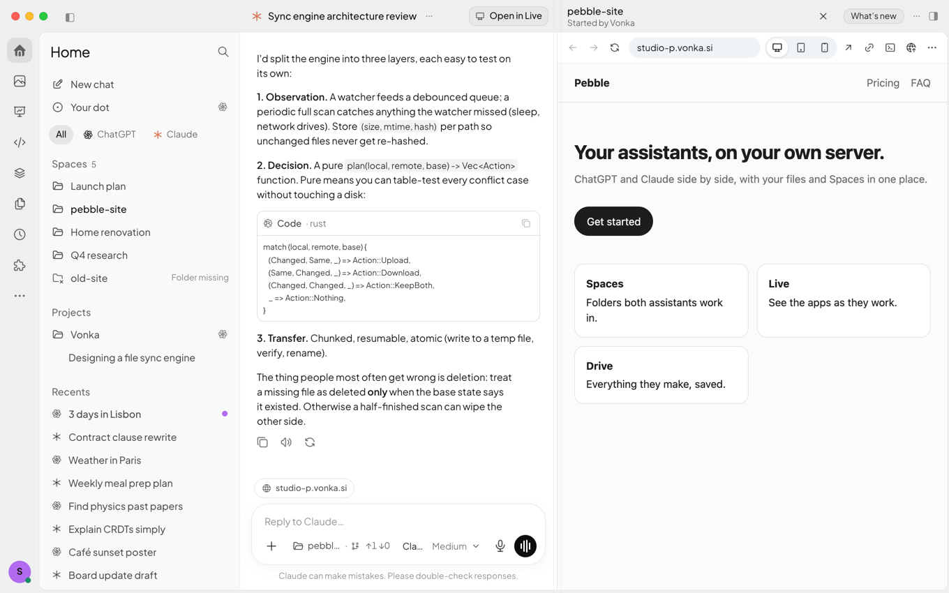A Claude conversation in a Space next to a live preview of the website being built, served from the server