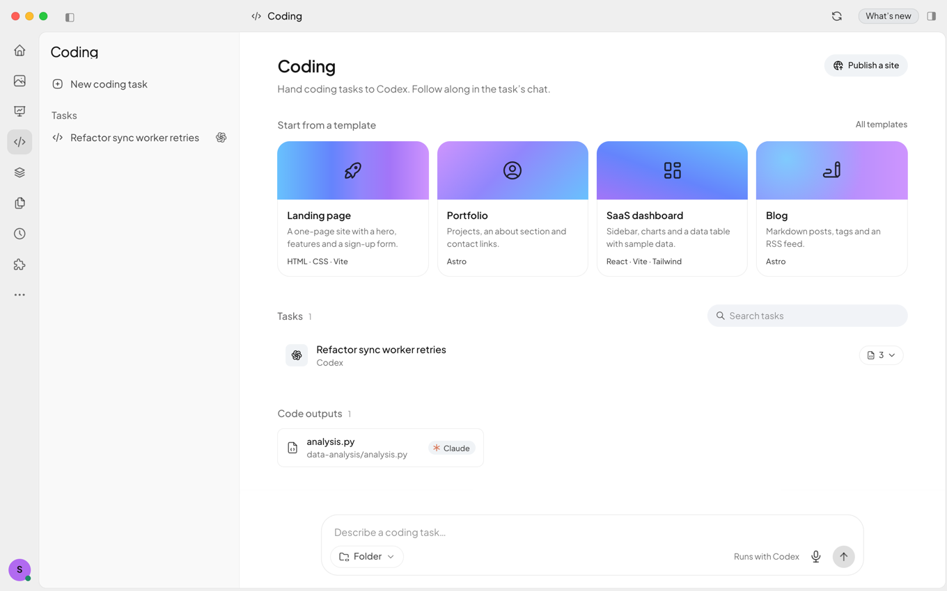 The Coding page with project templates such as a landing page, portfolio, SaaS dashboard and blog, and recent coding tasks