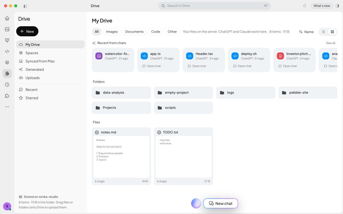 Vonka Drive with recent files from ChatGPT and Claude chats, folders and files stored on the server