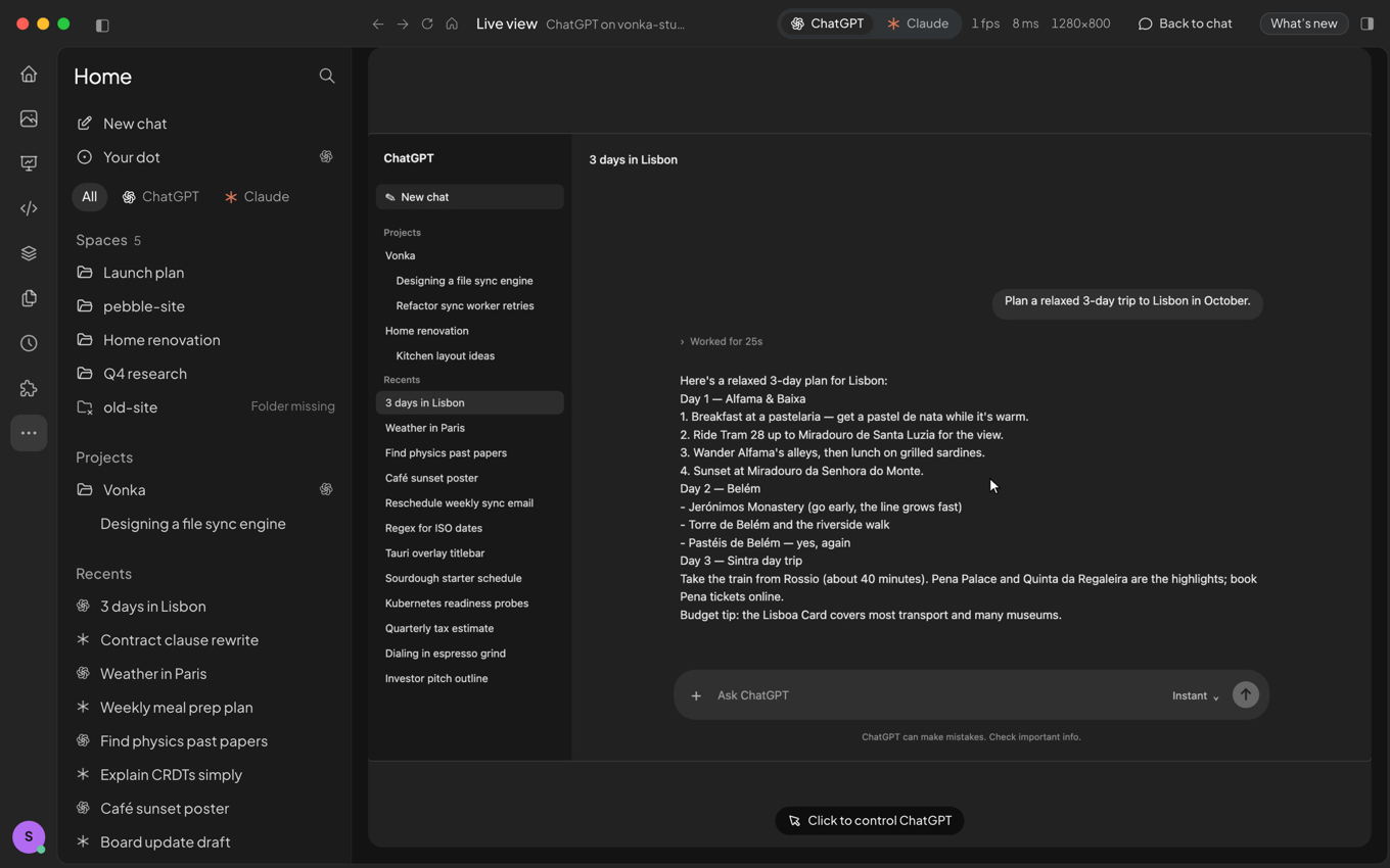 Live view of the ChatGPT app running on the server, inside the Vonka window