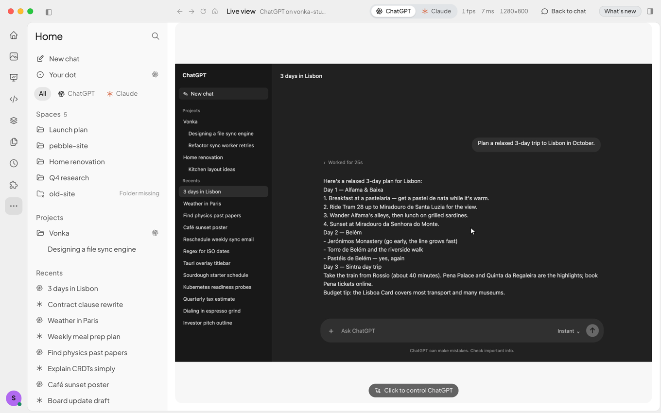 Live view of the ChatGPT app running on the server, inside the Vonka window