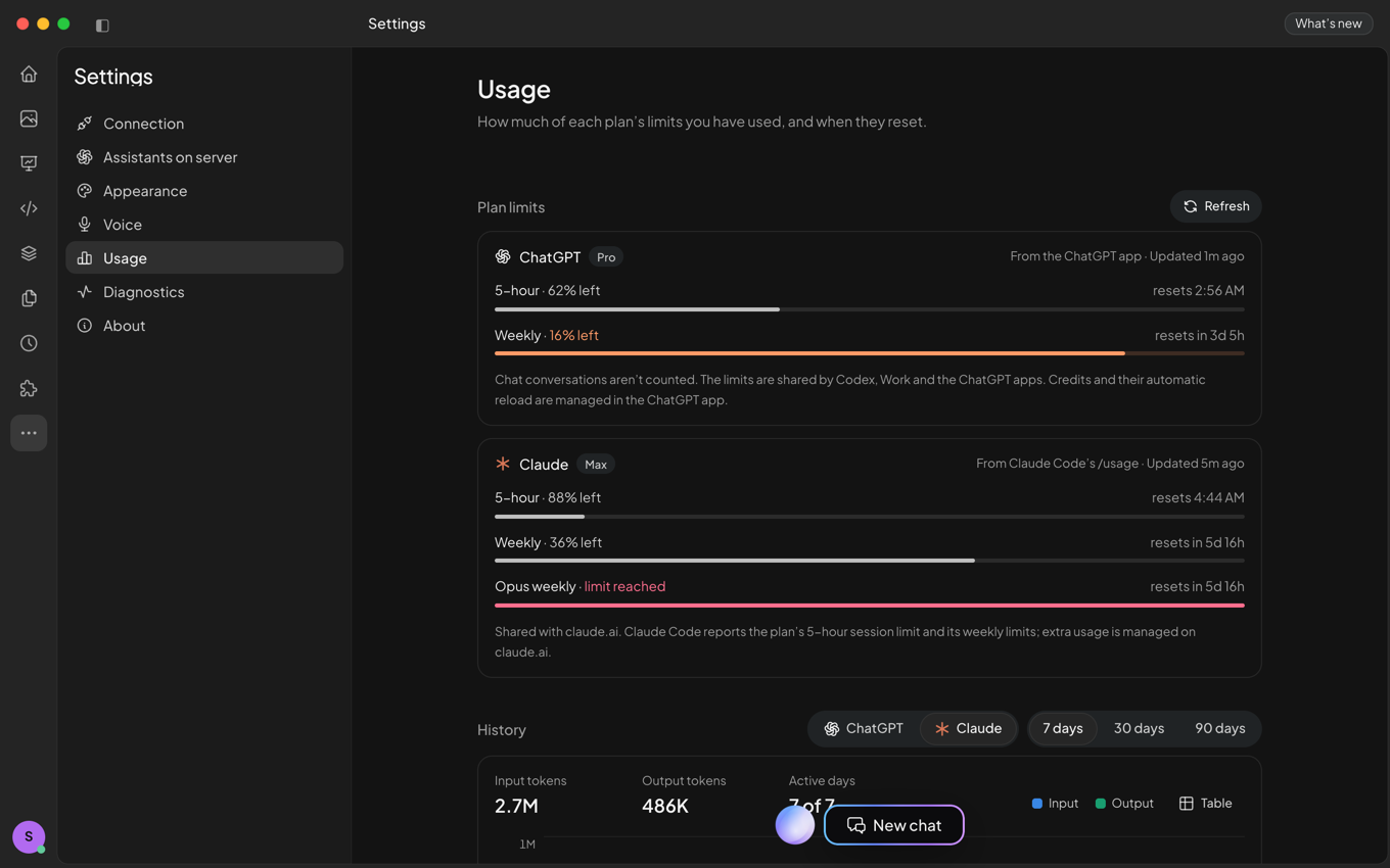 Settings, Usage: how much of the ChatGPT and Claude plan limits is left and when they reset