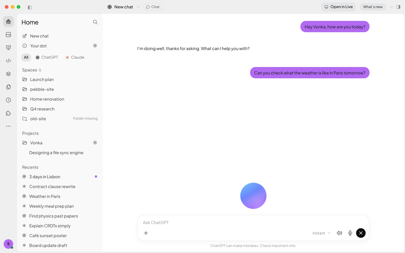 A voice conversation in Vonka: the animated orb above the composer and the spoken requests shown as purple messages